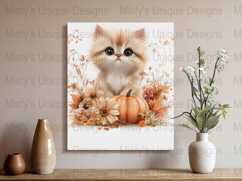 Kitten Pumpkin Clipart, Autumn Floral PNG (Digital Download image 6
