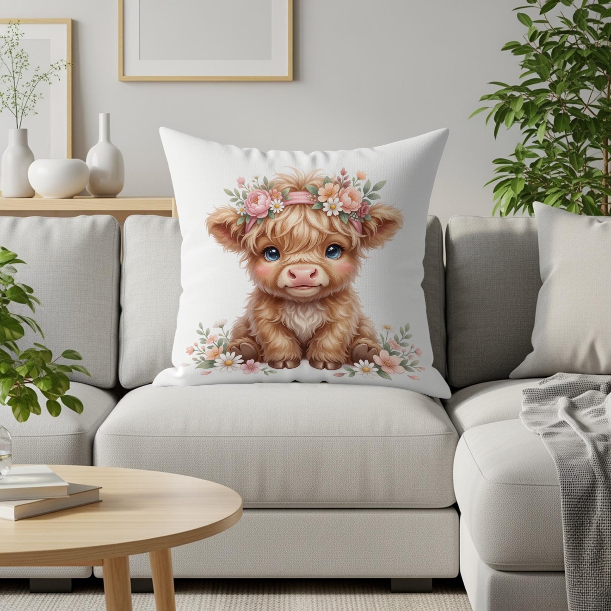 Highland Cow Clipart, Watercolor Baby Calf PNG, Floral Headband Design ...