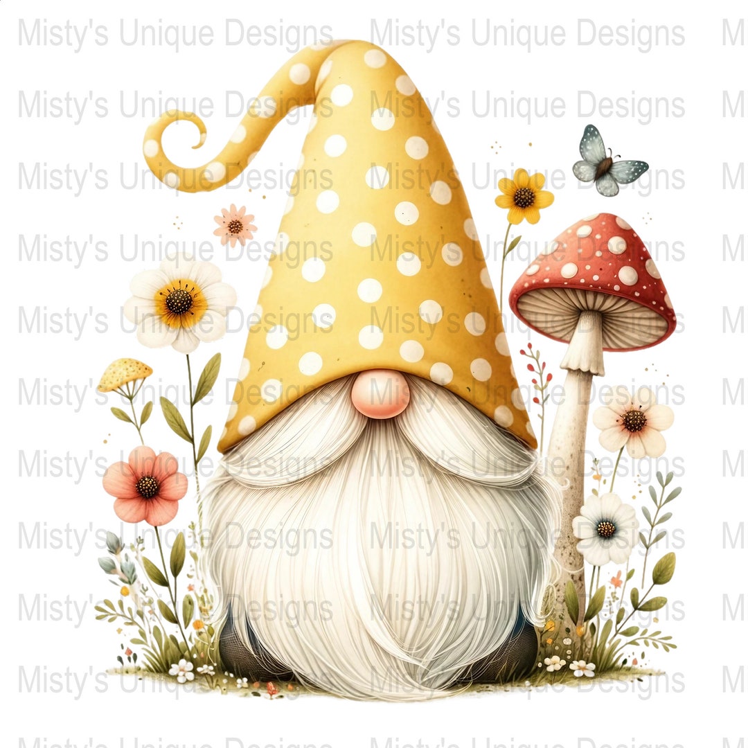 Whimsical Garden Gnome Clipart, Polka Dot Hat, Mushroom PNG (digital ...
