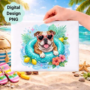 May include: A digital design featuring a brown and white bulldog wearing heart-shaped sunglasses and floating in a turquoise inner tube. The design includes lemons, flowers, and the text "Digital Design PNG" in a cloud-shaped bubble.