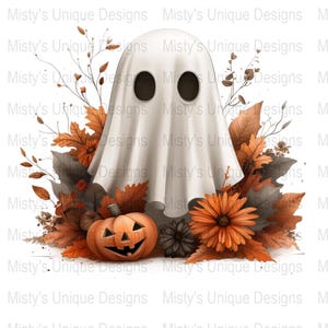 Halloween Ghost Clipart PNG, Fall Leaves Pumpkin Digital Download, Spooky Autumn Illustration, Cute Halloween Art Print