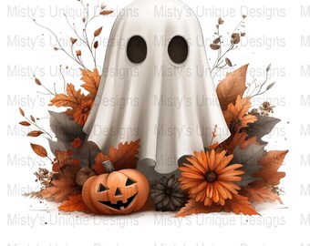 Fantasma de Halloween PNG, hojas de otoño, calabaza (descarga digital)