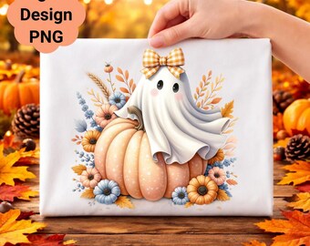 Ghost on Pastel Pumpkin PNG Clipart, Halloween Digital Download