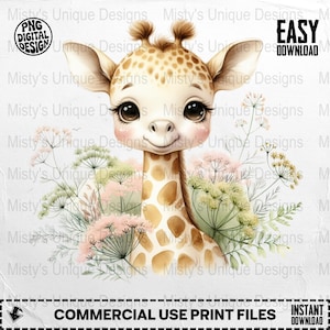 Cute Giraffe Digital Download Clipart PNG, Floral Giraffe Art, Baby Giraffe Illustration, Giraffe PNG, Nursery Decor, Giraffe Clipart