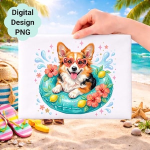 May include: A digital design featuring a cartoon corgi wearing heart-shaped sunglasses and floating in a turquoise inner tube decorated with flowers and lemons. The image includes the text "Digital Design PNG". The background shows a beach scene.