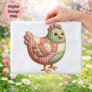 Peut inclure: Un PNG de conception numérique représentant une illustration de poulet patchwork. Le poulet a une tête à carreaux verts et roses, avec un corps aux motifs floraux et à pois roses, rouges et crème. Le texte "Digital Design PNG" est dans un nuage rose.