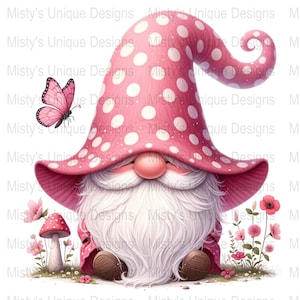 Grillige Gnome Clipart, Roze Polka Dot Hat, Vlinder, Bloemen Digitale PNG, Scrapbooking, Wenskaarten, Craft Supply, Downloadbaar