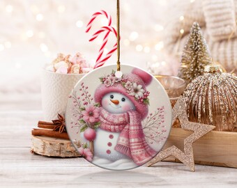 Winter Snowman with Pink Scarf Christmas Ornament, Snowman Christmas Ornament, Snowman with Pink Flowers and Pink Hat Christmas Ornament