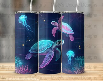 Neon Sea Turtle Tumbler Wrap, Jellyfish Sublimation Design (20oz, Digital Download)