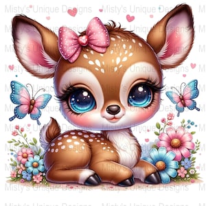 Lindo bebé ciervo clipart, cervatillo floral PNG, descarga digital, ilustración de animales Kawaii, arte de decoración de vivero, gráficos inspirados en la naturaleza