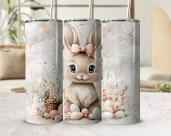 Bunny with Flowers 20oz Tumbler Wrap, Easter Springtime (PNG Digital Download)