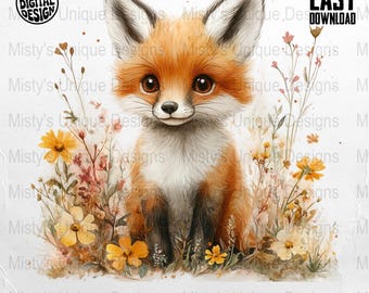 Clipart di volpe floreale, arte ad acquerello per bambini (download digitale)