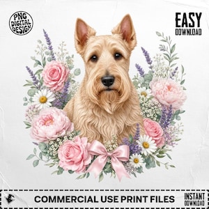 Floral Scottish Terrier Dog Clipart, Cottagecore Pet Art, Peony Rose Lavender Wreath (Digital Download)
