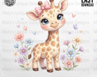 Schattige giraf clipart png, baby giraf digitale download, kinderkamer kunst afdrukbare, giraf met bloemen, giraf sublimatie design