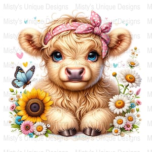 Clipart de vaca das Terras Altas PNG, download digital de vaca bebê, vaca fofa PNG, arte de animal de fazenda, arte floral de vaca, vaca com laço, decoração de berçário para impressão