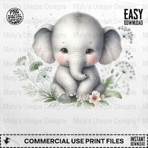Baby Elephant Digital Download Clipart PNG, Cute Animal Illustration, Watercolor Elephant Nursery Art, Baby Shower Decor, Digital Art