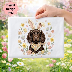 Wielkanocna grafika z psem rasy Boykin Spaniel, ilustracja z uszami królika, jajka z wiosennymi kwiatami (pobieranie cyfrowe)