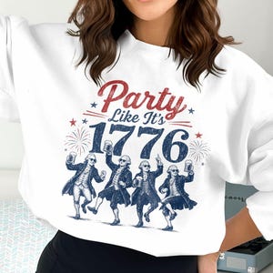 Four colonial figures dance with beer mugs, "Party Like It's 1776" text.