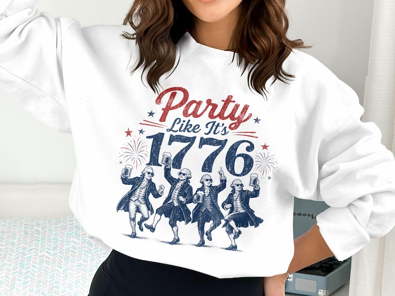 Four colonial figures dance with beer mugs, "Party Like It's 1776" text.
