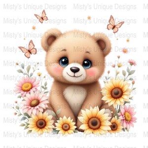 Teddy Bear Clipart, Cute Bear PNG, Digital Download, Flower Graphics, Nursery Art, Baby Shower, Commercial Use, Animal Clipart