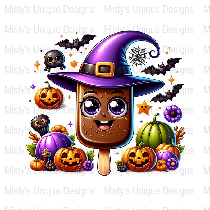 Kawaii Halloween Popsicle Clipart, Witch, Pumpkin, Bats (Digital Download) image 1