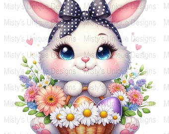 Easter Bunny Clipart, Flowers PNG, Spring Graphic (Digital Download)