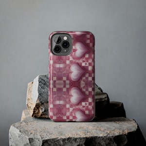 Pink Checkerboard and Hearts Print Pattern Design Tough Phone Case compatible with a large variety of iPhone models, Phone Case, Gift