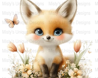 Watercolor Fox Clipart, Floral Woodland Animal PNG (Digital Download)