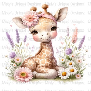 Cute Baby Giraffe with Flowers Digital Download Clipart PNG, Adorable Animal Art, Nursery Decor, Scrapbooking, Kids Party Supplies