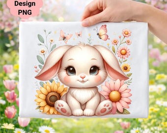 Bunny Clipart PNG, Floral Butterfly Art, Nursery Decor (Digital Download)