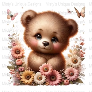 Cute Teddy Bear PNG, Flowers and Butterflies, Clipart Image, Digital Download, Bear Illustration, Animal Art, Commercial Use Graphics