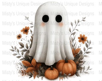 Ghost Clipart, Floral Pumpkin Halloween PNG (Digital Download)