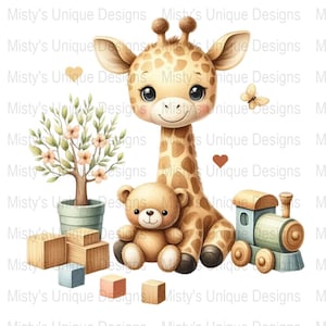 Cute Giraffe Baby Nursery Clipart Digital Download, adorável urso de pelúcia e ilustração de blocos de brinquedo, arquivo PNG instantâneo