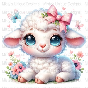 Floral Lamb Clipart, Kawaii Sheep PNG, Nursery Art (Digital Download) image 2