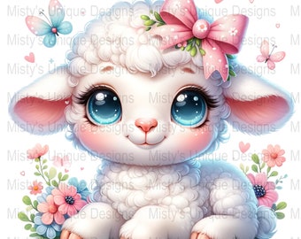 Cute Lamb Clipart, Digital Download, Floral Sheep PNG, Kawaii Animal Illustration, Nursery Decor Art, Scrapbooking, Commercial Use