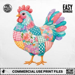 Op de afbeelding: Een digitale illustratie van een haan met een patchwork-lichaam met diverse patronen zoals bloemen, stippen, ruitjes en strepen in roze, blauwgroen, oranje en paars. De tekst PNG DIGITAL DESIGN en EASY DOWNLOAD is zichtbaar.