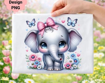 Baby Elephant Clipart, Pink Bow, Butterflies, Nursery Decor (Digital Download)