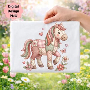 May include: A white rectangular design featuring a patchwork pony illustration in pink, green, and beige. The pony has a pink mane and tail, with hearts, flowers, and butterflies around it. Text at the top left says "Digital Design PNG".