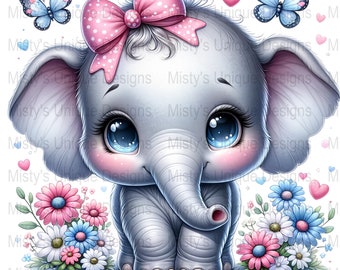 Cute Baby Elephant Clipart, Cartoon Animal PNG, Digital Download, Pink Bow, Butterfly, Flowers, Nursery Decor, Commercial Use