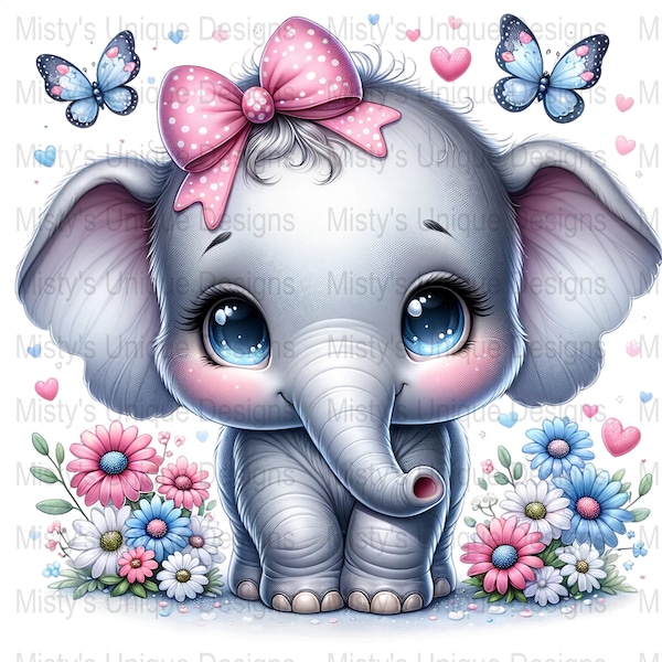 Lindo bebé elefante Clipart, Animal de dibujos animados PNG, Descarga digital, Lazo rosa, Mariposa, Flores, Decoración de vivero, Uso comercial