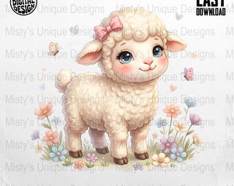 Clipart di agnello carino, download digitale PNG, arte di cuccioli, arredamento per la cameretta dei bambini, illustrazione di pecora, immagine di agnello dei cartoni animati, stile kawaii, fiocco per ragazza