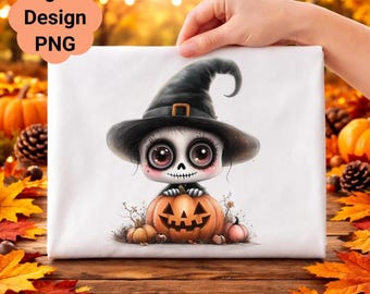 Halloween Skeleton Girl Clipart, Spooky Pumpkin Art (Digital Download)