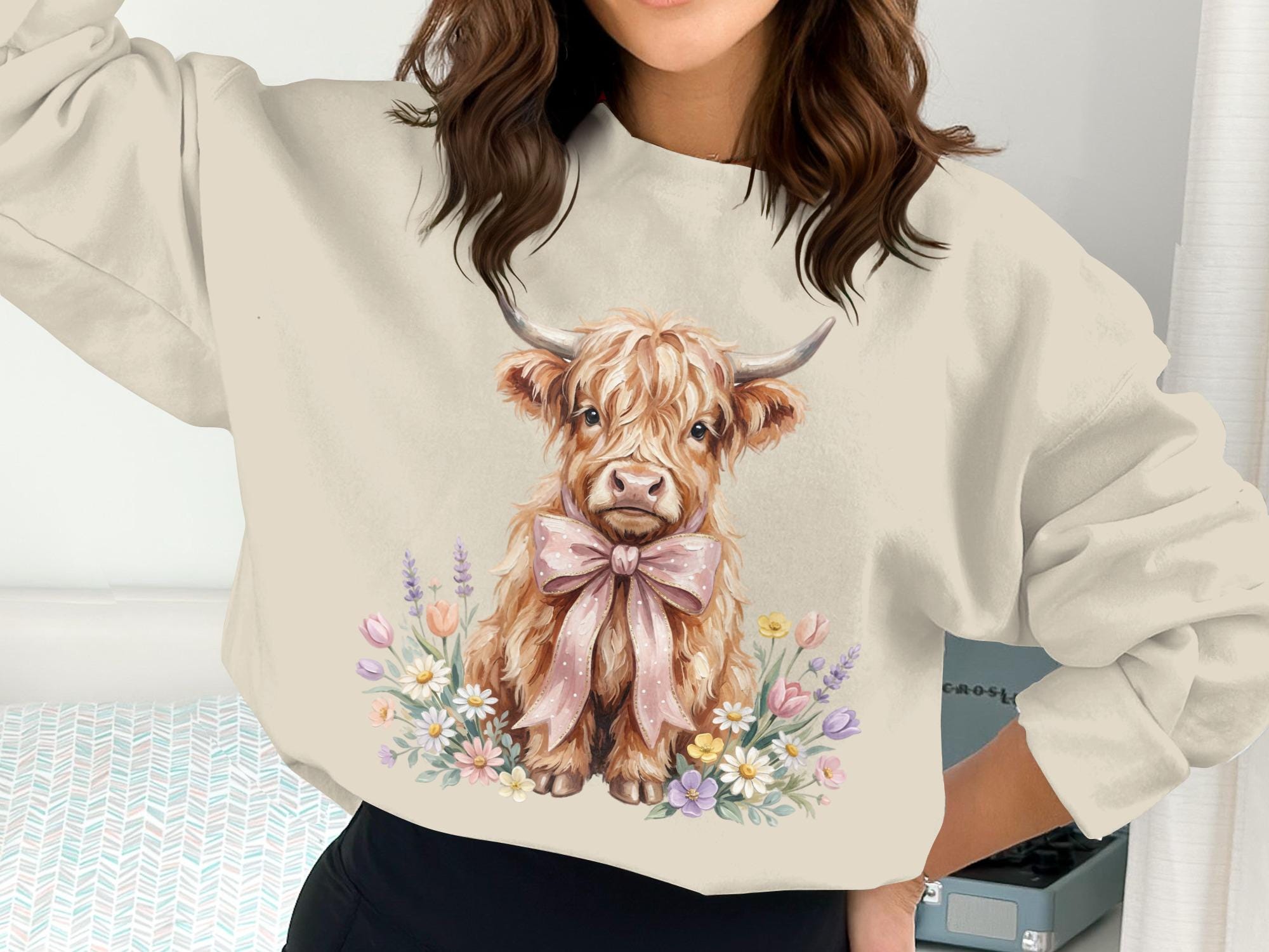 Highland Cow Clipart, Watercolor Floral Baby Calf PNG (digital Download ...