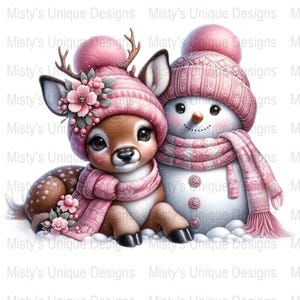 Cute Winter Deer and Snowman Clipart, Christmas Digital Art, Holiday Illustration, Kawaii Animal Art, Instant Download PNG