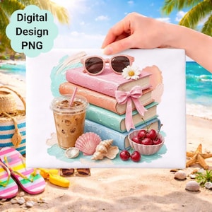 Sommarläsningsclipart PNG: Pastellböcker, iskaffe, körsbär (digital nedladdning)