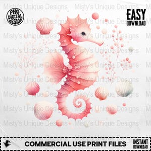 Seahorse Digital Download Clipart PNG, Pink Watercolor, Sea Life, Shells, Cute Kawaii, Sublimation, Commercial Use, Digital Art