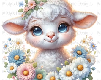 Floral Lamb Clipart, Pastel Nursery PNG (Digital Download)