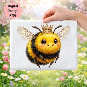 May include: A digital design PNG featuring a cartoon bee wearing a golden crown. The bee has yellow and black stripes, large eyes, and a smiling expression. The text "Digital Design PNG" is in a pink cloud-shaped text box.