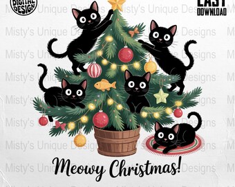 クリップアート クリスマスツリー かわいい猫、メリークリスマス、新年