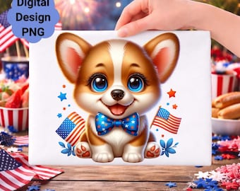 Patriotic Corgi Puppy Clipart, American Flags, 4th of July PNG (Digital Download)